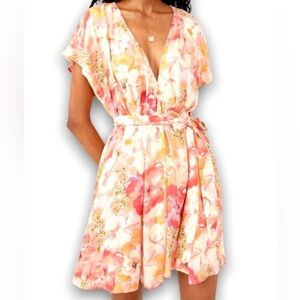 Free People Freddy Multi Floral Printed Short Sleeve Mini Wrap Belt Dress Large